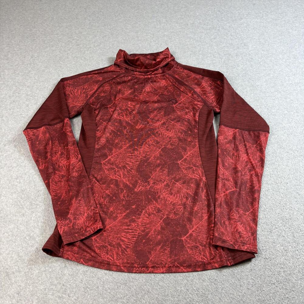 Kari Traa Shirt Womens Medium Red Leaf Print Mock Neck Base Layer Hiking Outdoor